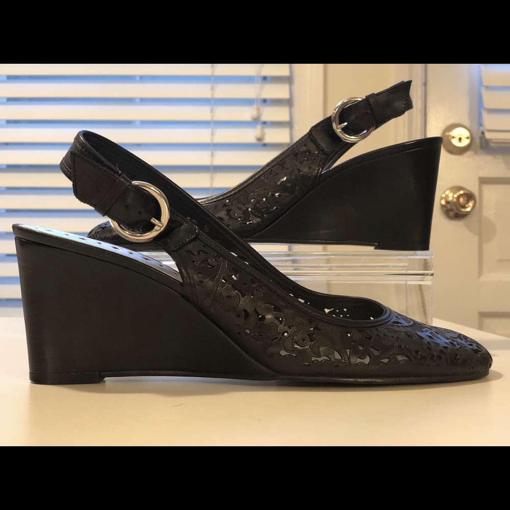 BCBG Black Leather Slingback Wedge Heels w Buckle
